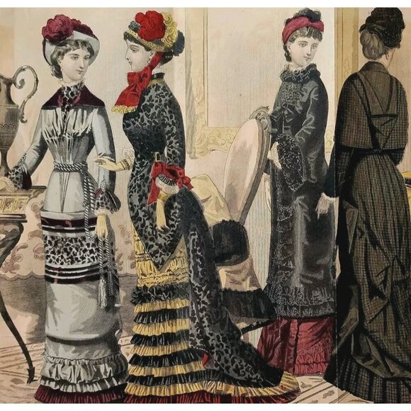 1881 At Home For Calls Hand Colored Engraving Victorian Women's Fashion DWQQ21 - Picture 1 of 2